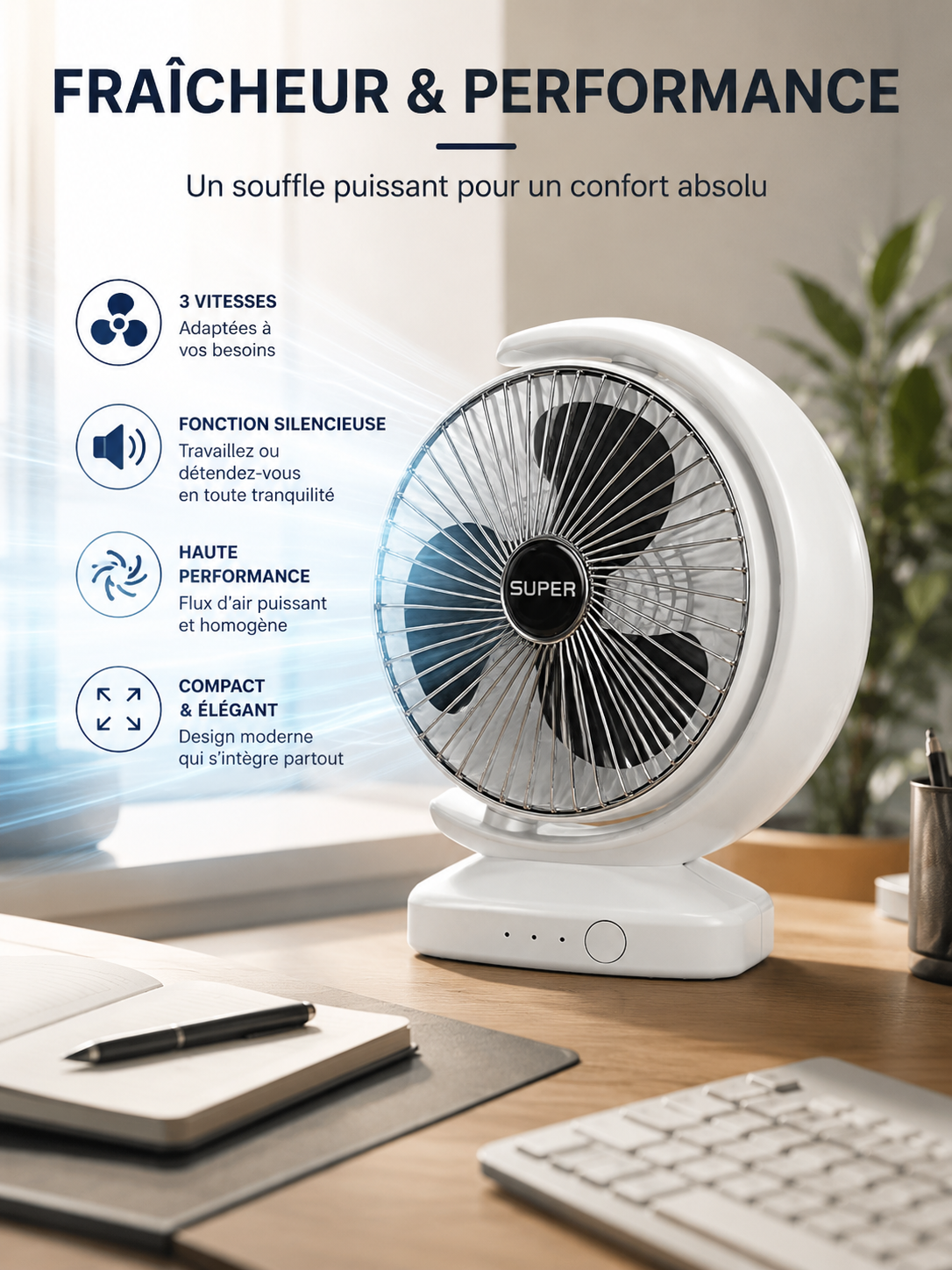 Ventilateur Rechargeable Ventilateur éLectrique de Bureau USB Mini Ventilateur Assez 90 ° Ventilateur à DegréS RéGlables Ventilateur Portable-Argent