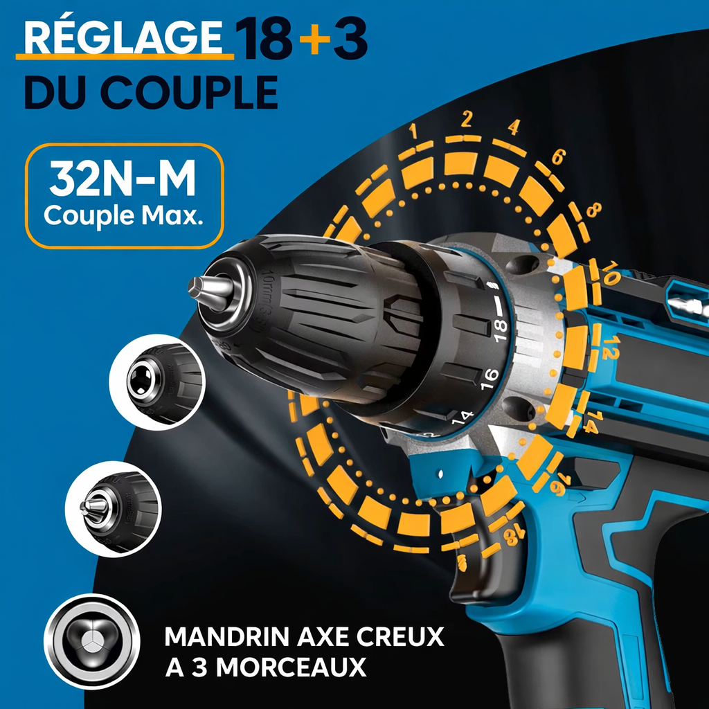 Tournevis à percussion sans fil, perceuse à main, outil électrique, réglage de 32 couples, tournevis électrique à 2 vitesses avec 2 Batteries