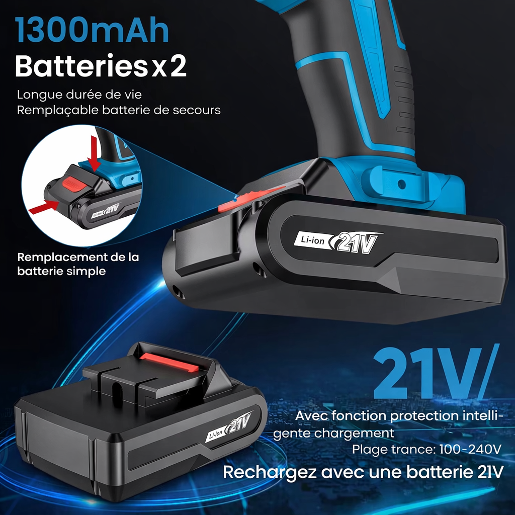 Tournevis à percussion sans fil, perceuse à main, outil électrique, réglage de 32 couples, tournevis électrique à 2 vitesses avec 2 Batteries