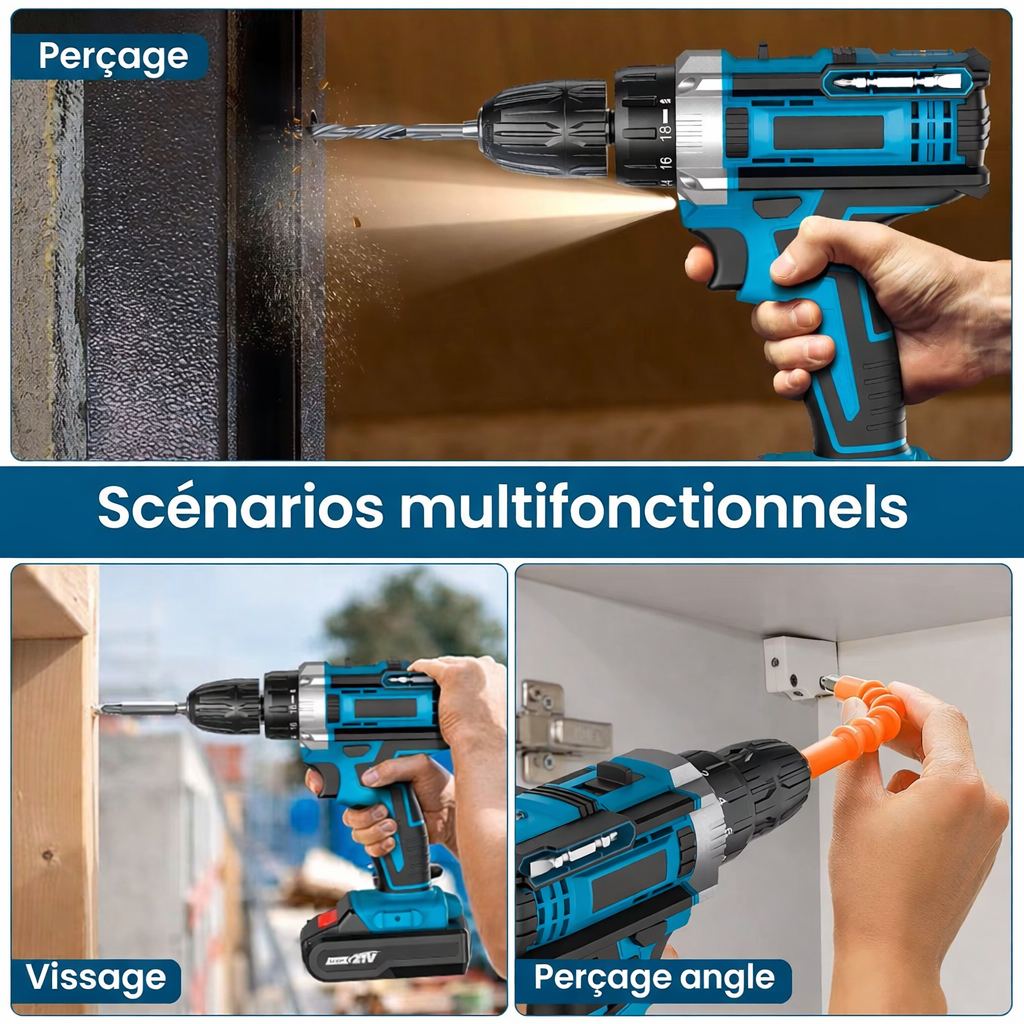 Tournevis à percussion sans fil, perceuse à main, outil électrique, réglage de 32 couples, tournevis électrique à 2 vitesses avec 2 Batteries