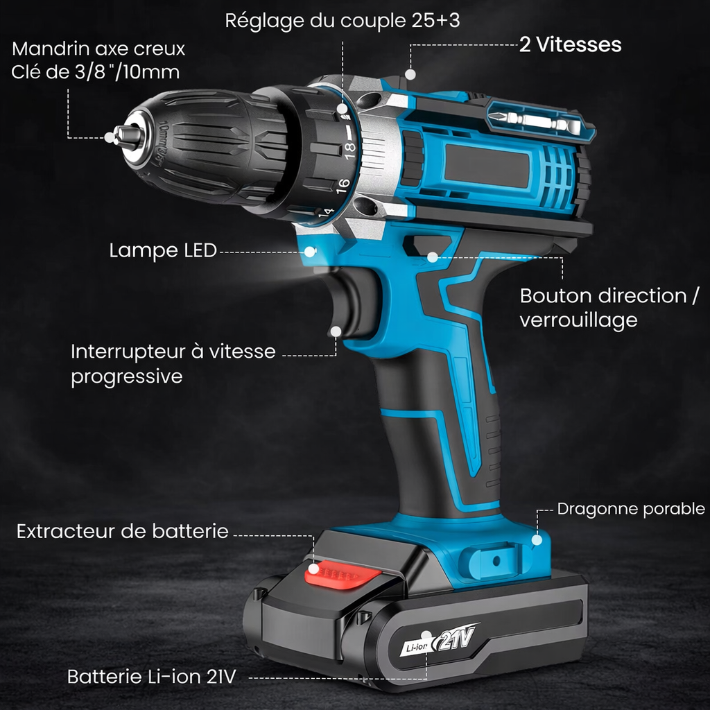 Tournevis à percussion sans fil, perceuse à main, outil électrique, réglage de 32 couples, tournevis électrique à 2 vitesses avec 2 Batteries