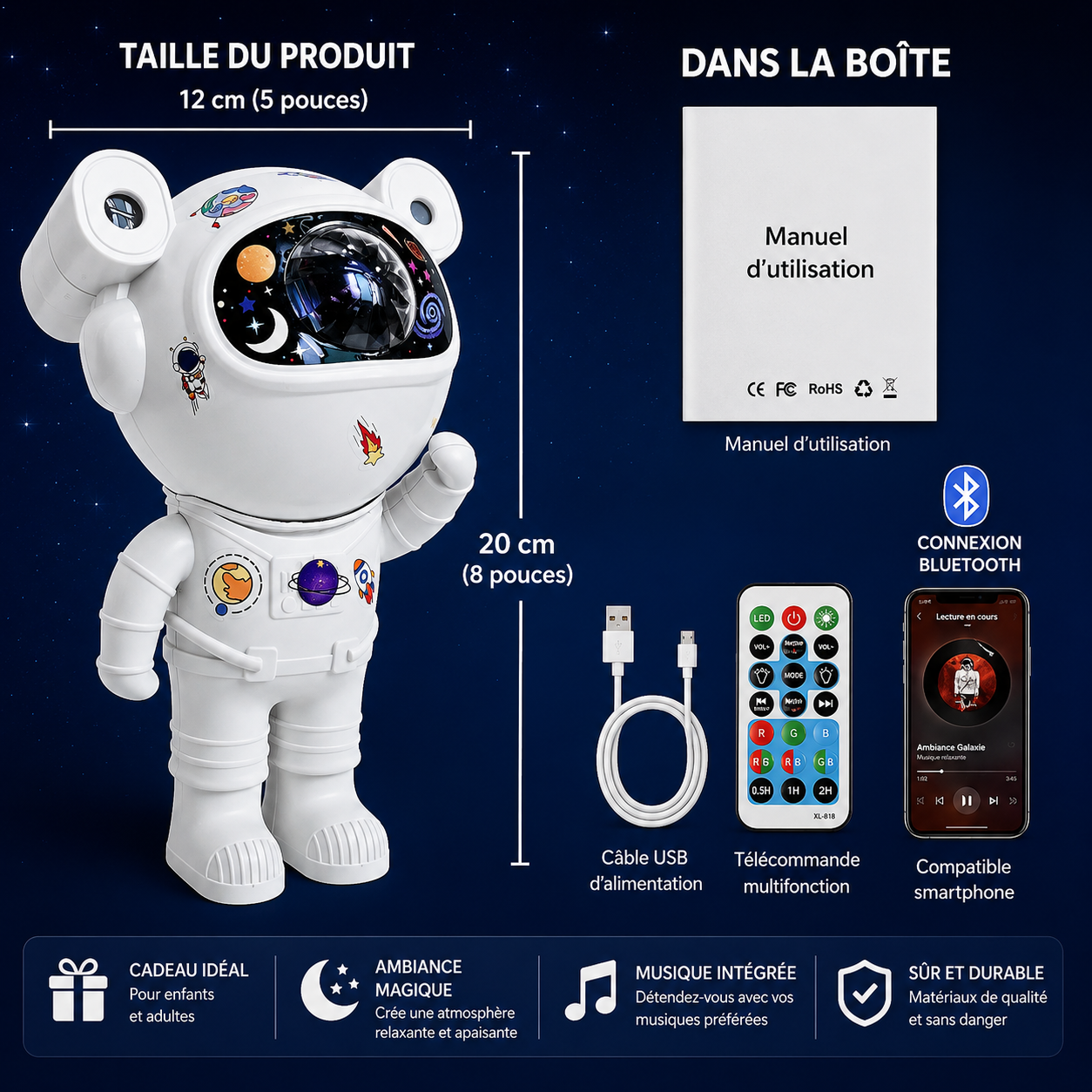 Projecteur Galaxie Astronaute avec Stickers DIY – Bluetooth Intégré, Projection Espace & Nébuleuse, Veilleuse LED pour la Maison – Cadeau Idéal pour Enfants et Adultes