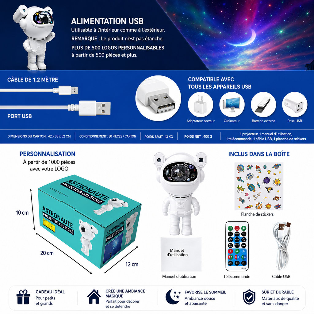 Projecteur Galaxie Astronaute avec Stickers DIY – Bluetooth Intégré, Projection Espace & Nébuleuse, Veilleuse LED pour la Maison – Cadeau Idéal pour Enfants et Adultes
