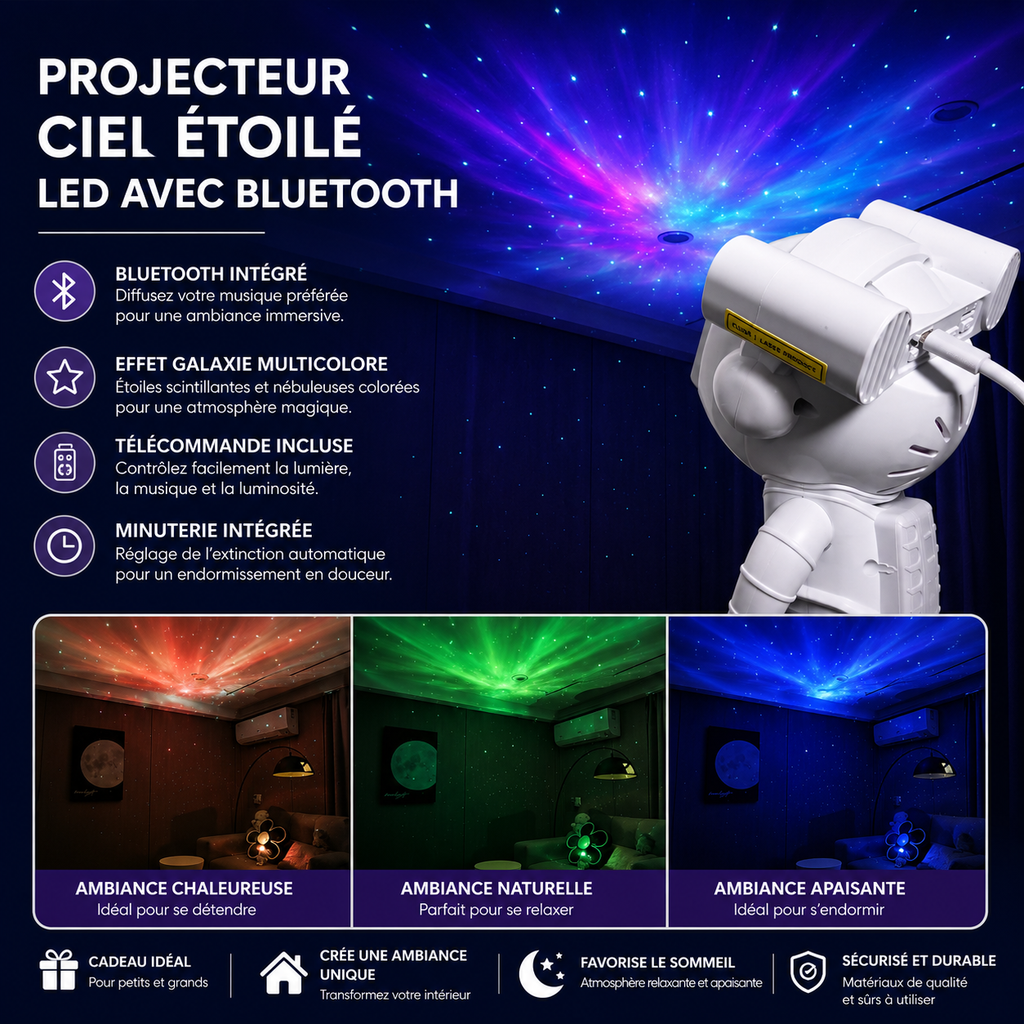 Projecteur Galaxie Astronaute avec Stickers DIY – Bluetooth Intégré, Projection Espace & Nébuleuse, Veilleuse LED pour la Maison – Cadeau Idéal pour Enfants et Adultes