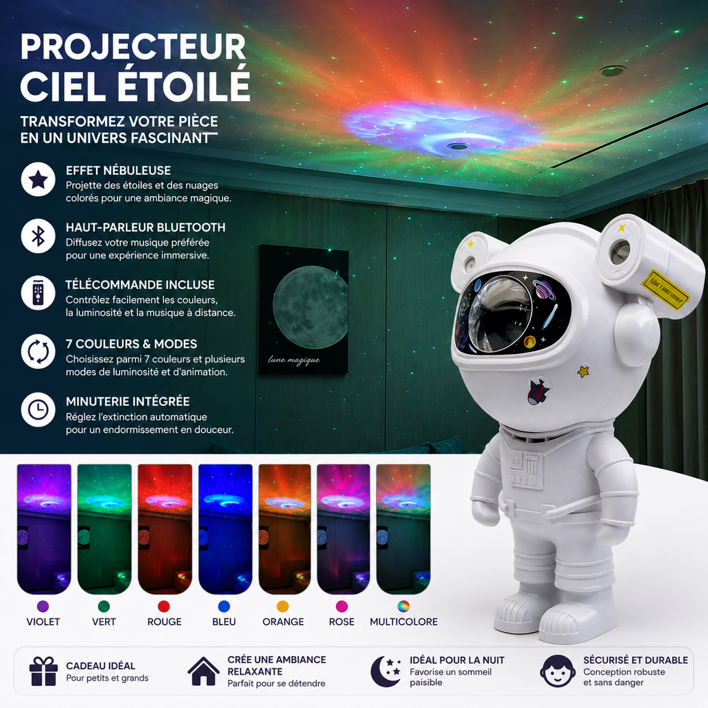 Projecteur Galaxie Astronaute avec Stickers DIY – Bluetooth Intégré, Projection Espace & Nébuleuse, Veilleuse LED pour la Maison – Cadeau Idéal pour Enfants et Adultes