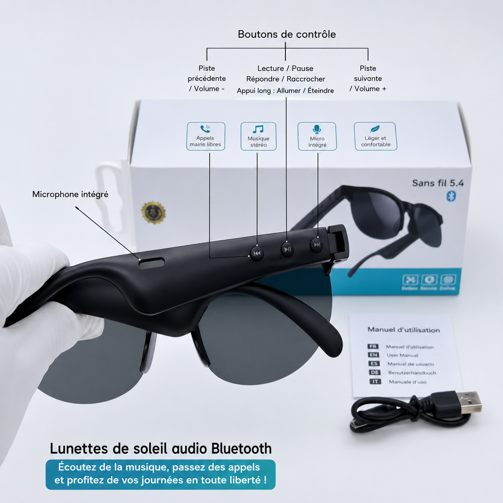 Lunettes de soleil intelligentes Bluetooth avec traduction en temps réel