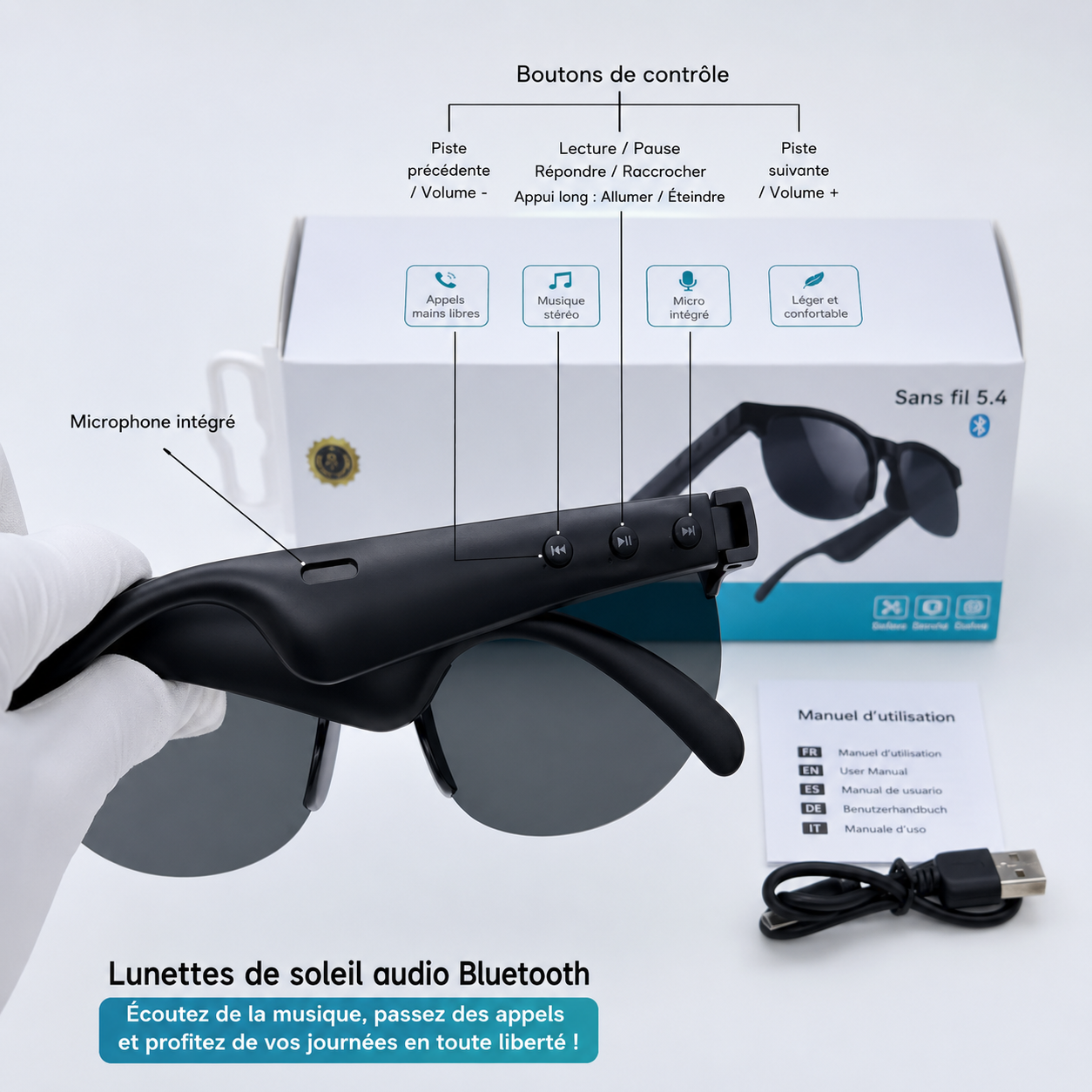 Lunettes de soleil intelligentes Bluetooth avec traduction en temps réel