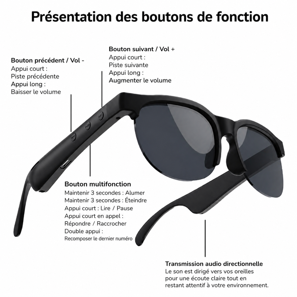 Lunettes de soleil intelligentes Bluetooth avec traduction en temps réel
