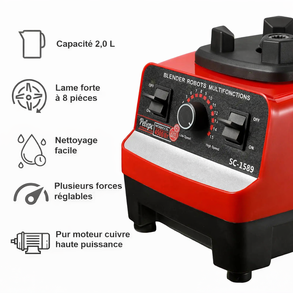 Mixeur puissant 2-en-1 de 2000W, grande capacité de 2,9L, mixeur haute vitesse, broyeur de glace et presse-agrumes, robot culinaire multifonction pour la cuisine