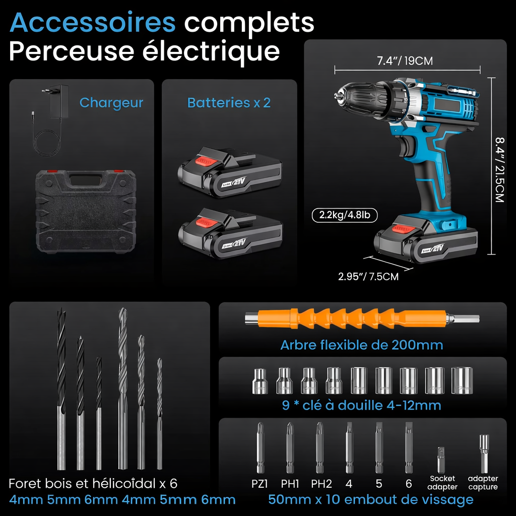Tournevis à percussion sans fil, perceuse à main, outil électrique, réglage de 32 couples, tournevis électrique à 2 vitesses avec 2 Batteries